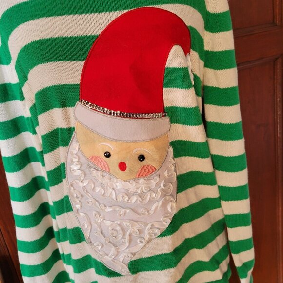 Ugly Christmas Sweater Cute Santa Women Size Large Green & White Striped - Picture 3 of 5